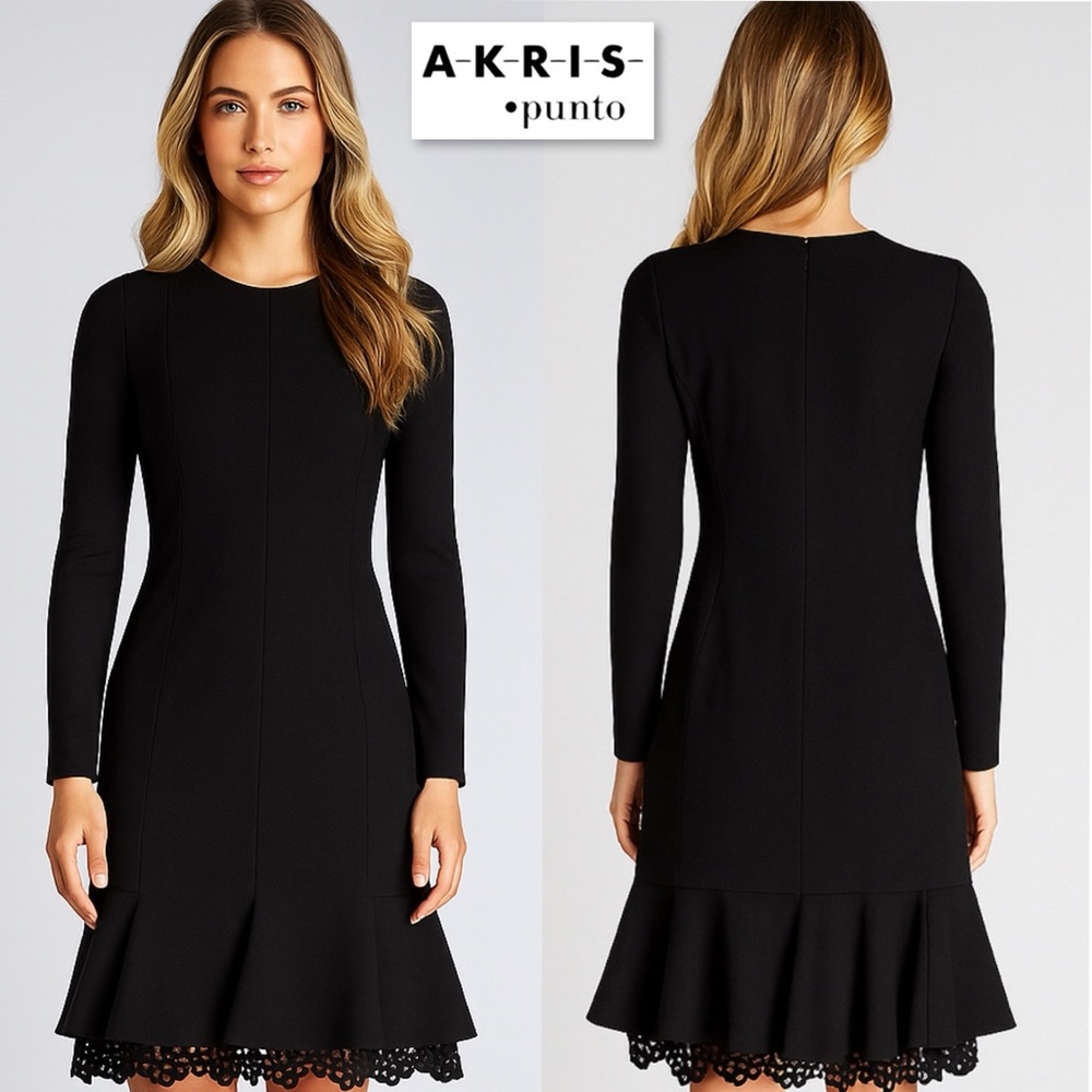 AKRIS Punto Eyelet Lace Flounce Hem Dress Black Long Sleeve US 6 A-K-R-I-S Silk